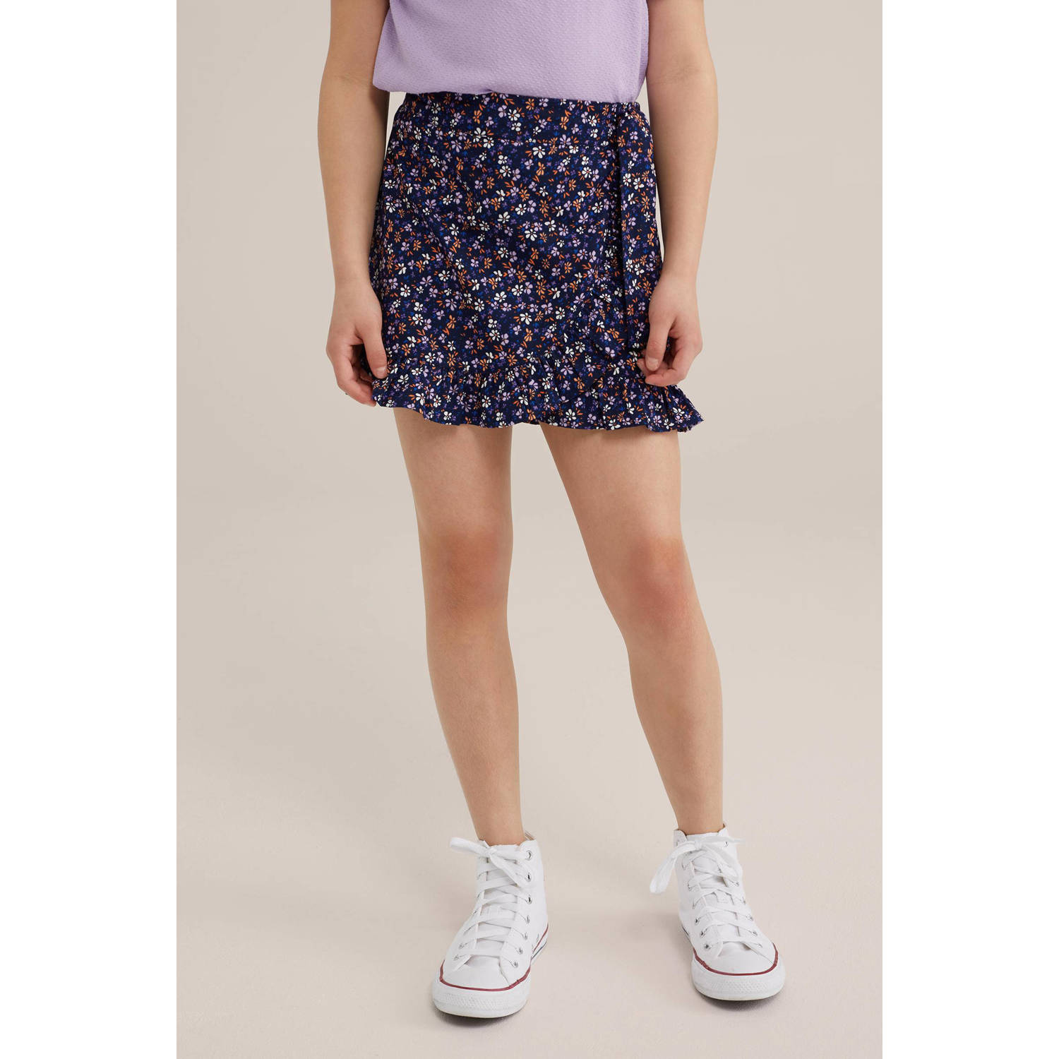 WE Fashion gebloemde skort donkerblauw paars oranje