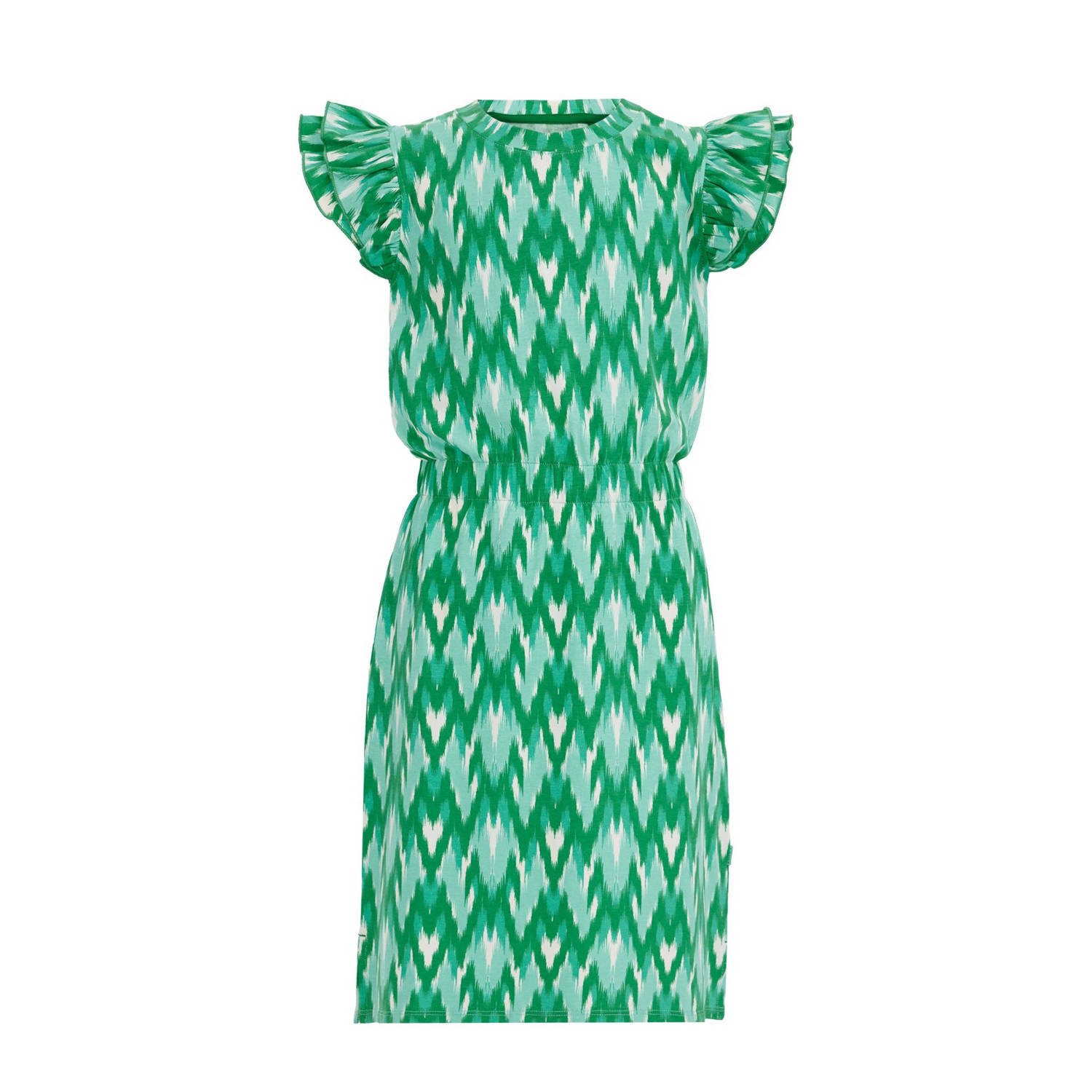 WE Fashion jurk met all over print en ruches groen Meisjes Stretchkatoen Ronde hals 110 116