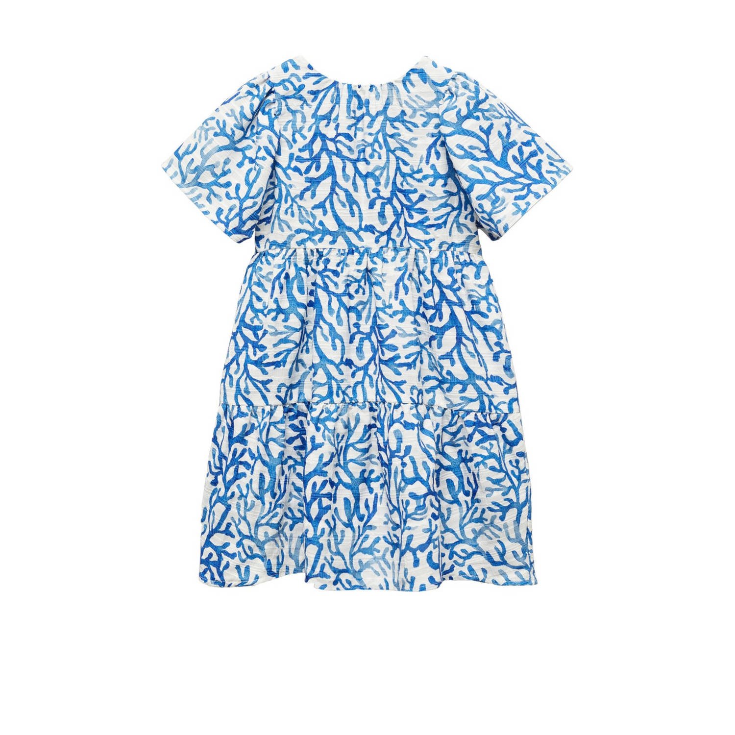 Mango Kids A-lijn jurk met all over print blauw wit Meisjes Polyester Ronde hals 116