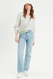 thumbnail: Groen en ecru dames Cache Cache blouse van linnen met strepenprint, lange mouwen, V-hals en knoopsluiting