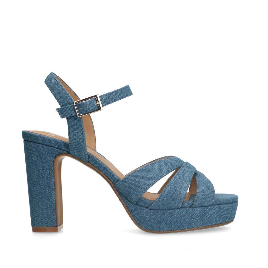 Denim en blauwe dames Manfield sandalettes van textiel met blokhak en gesp