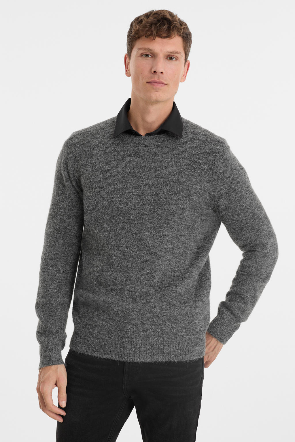 Grijze heren Anytime gebreide trui van polyester met effen, lange mouwen en ronde hals