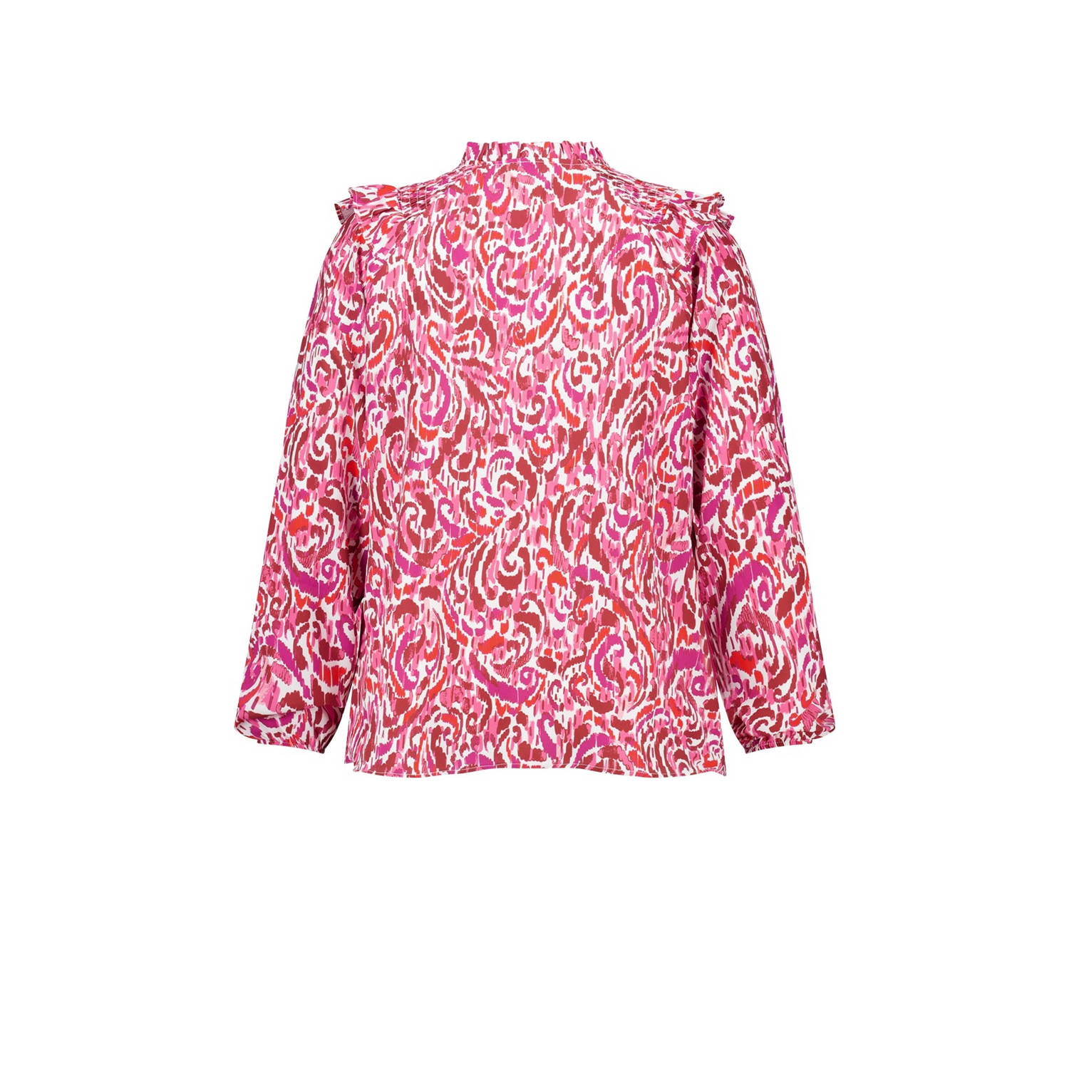 MS Mode blousetop met all over print en ruches roze rood ecru