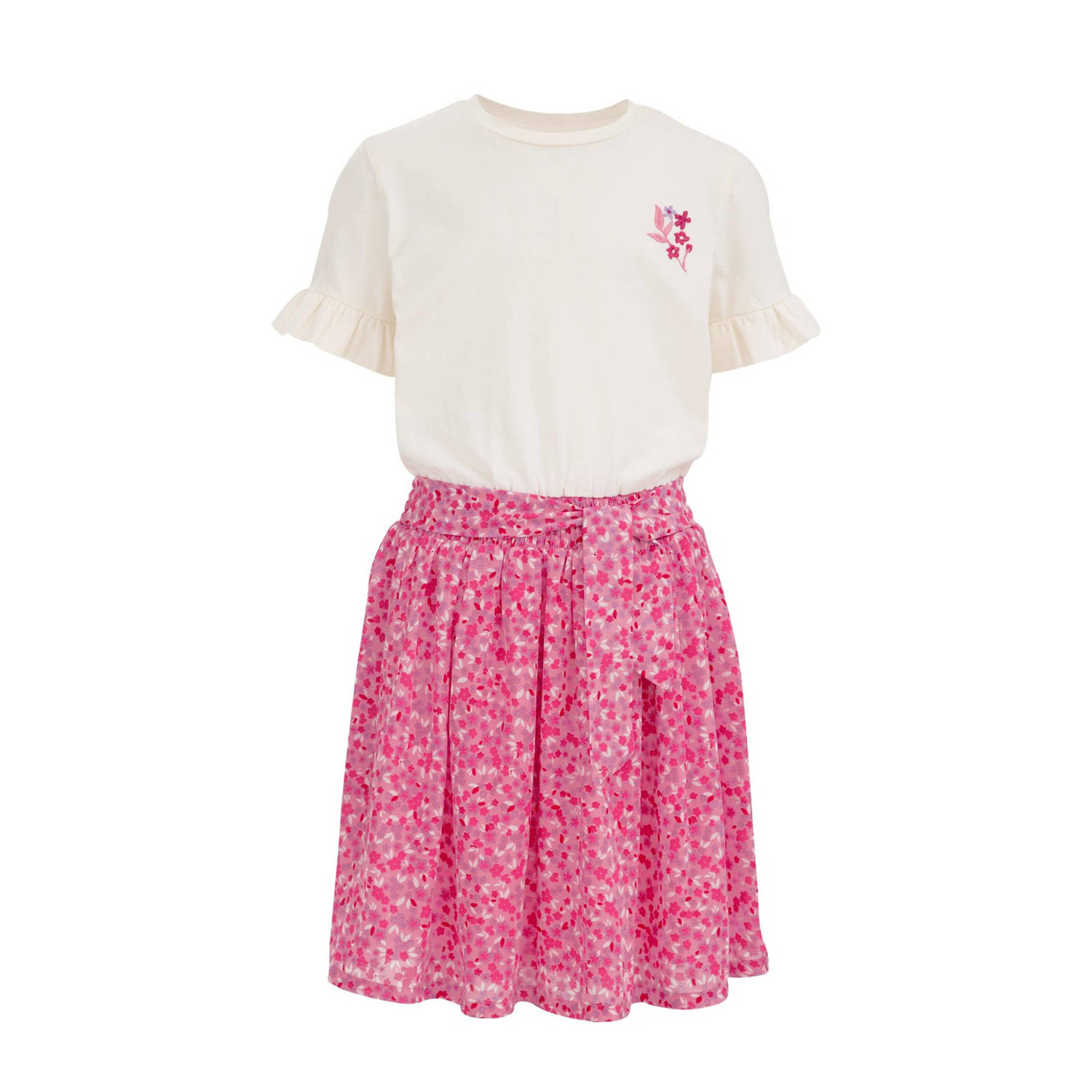 WE Fashion gebloemde jurk roze Meisjes Stretchkatoen Ronde hals Bloemen 110 116