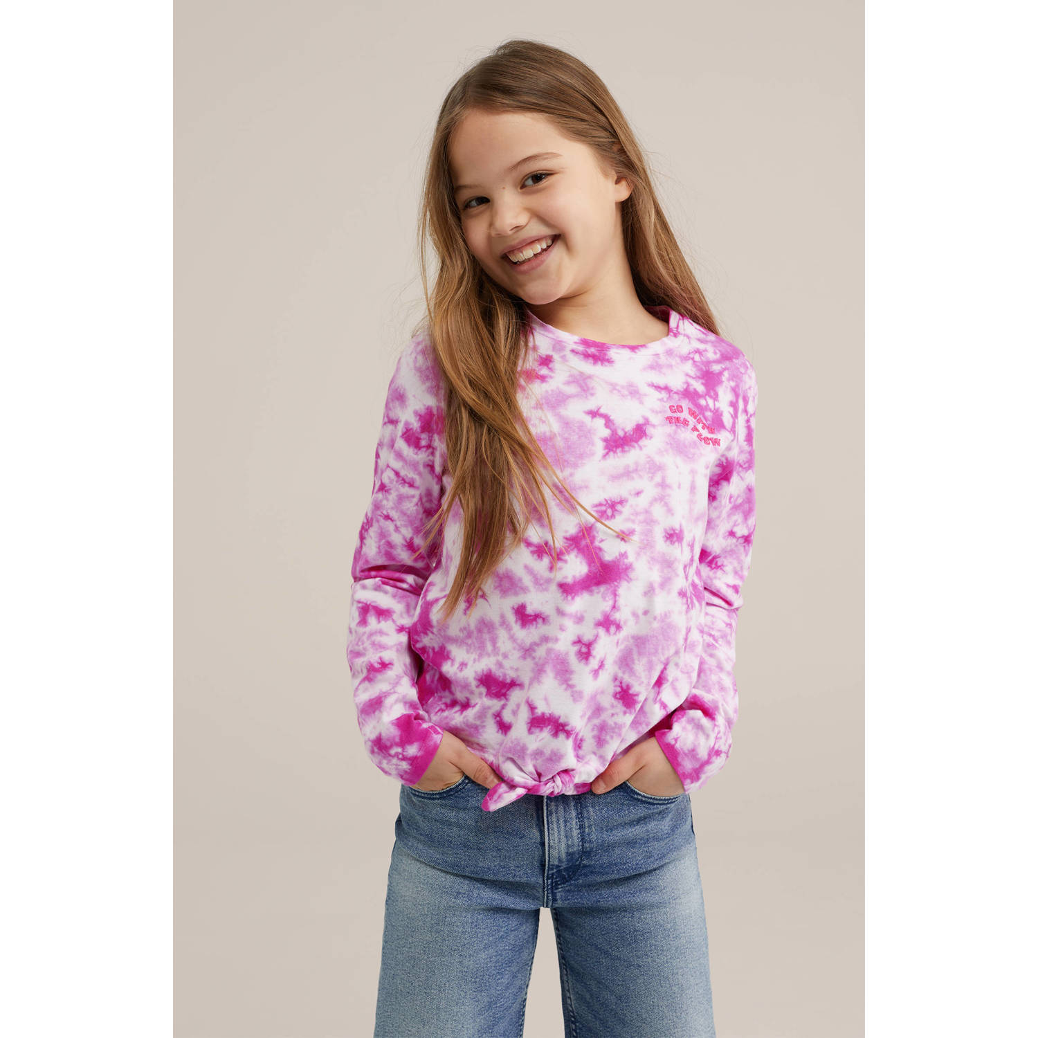 WE Fashion longsleeve met all over print roze lichtroze wit