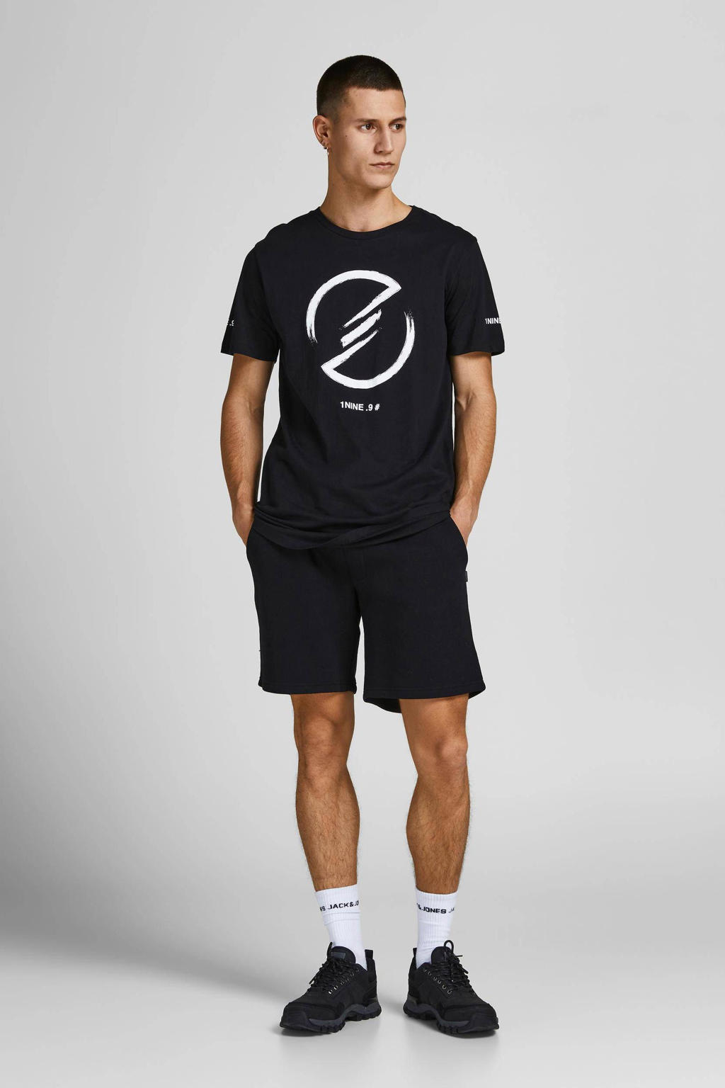 Zwarte heren JACK & JONES PANTS STUDIO regular sweatshort van polyester met effen en elastische tailleband met koord