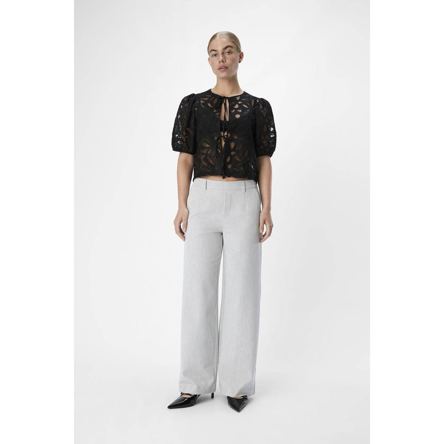 OBJECT wide leg pantalon OBJLISA lichtgrijs
