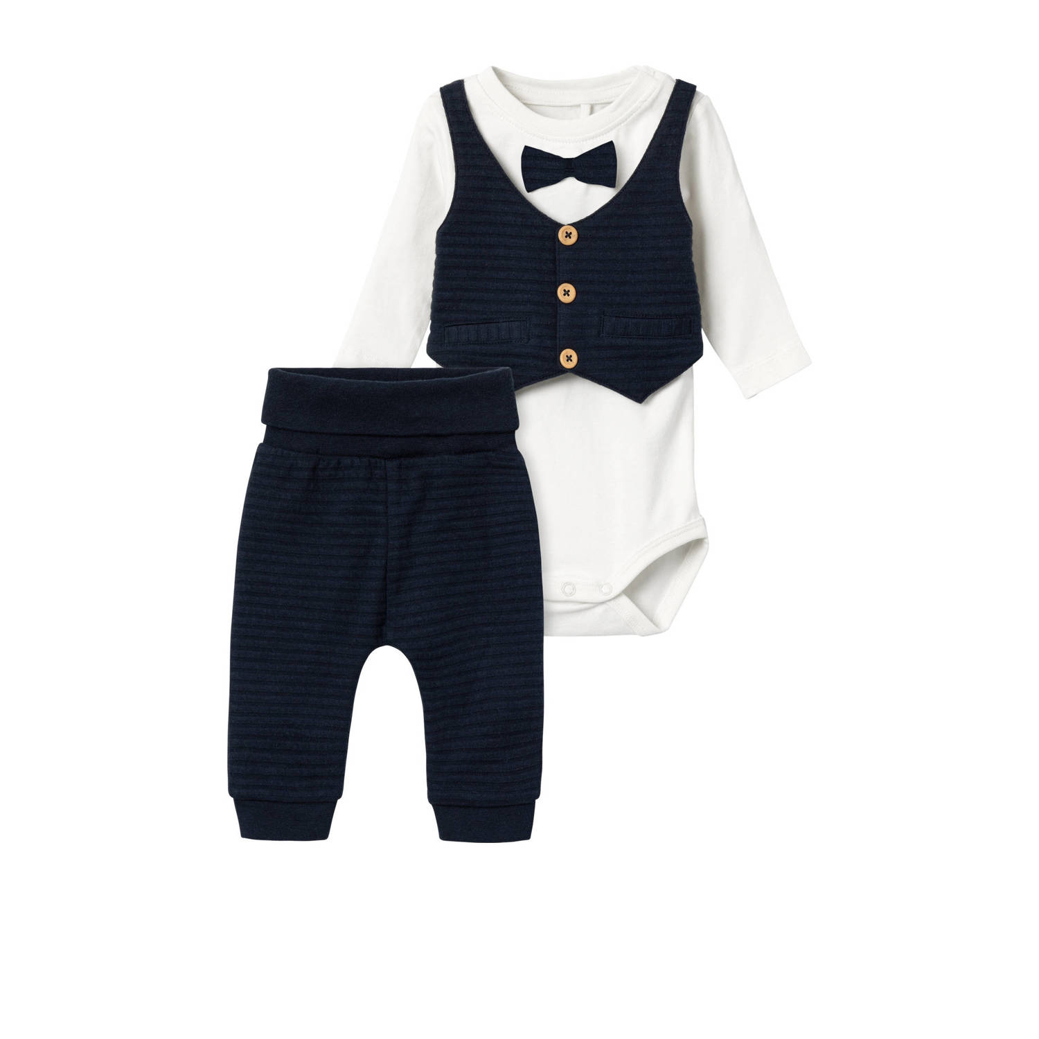 Name it BABY romper + gilet + broek donkerblauw wit Shirt + broek Jongens Katoen Ronde hals 56