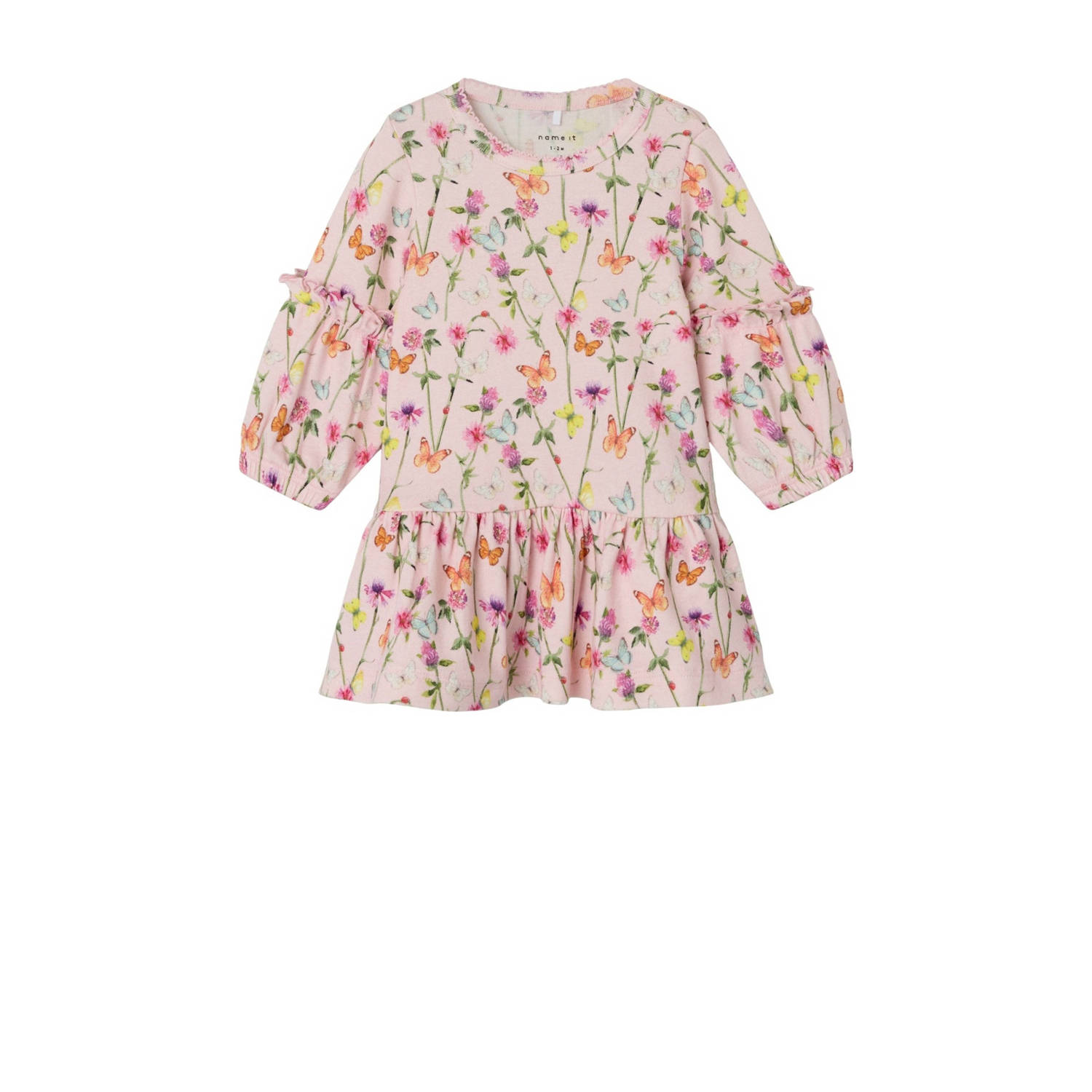 Name it BABY gebloemde baby jurk NBFFOLIA roze groen Meisjes Biologisch katoen Ronde hals 56