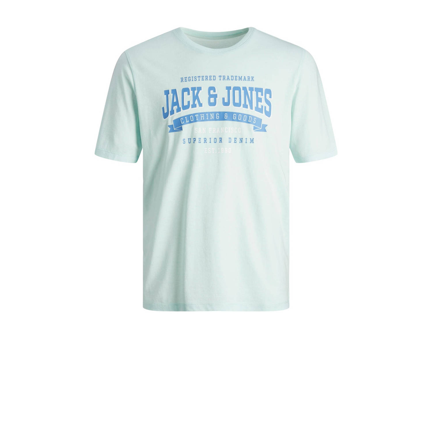 JACK & JONES ESSENTIALS regular fit T-shirt JJELOGO met printopdruk lichtblauw