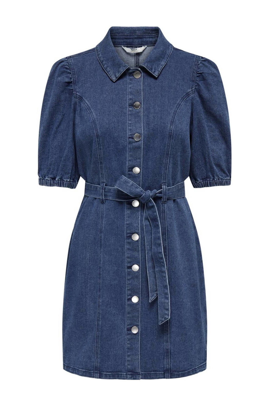 Blauwe dames ONLY spijkerjurk van denim met effen, half lange mouwen, klassieke kraag, knoopsluiting en ceintuur