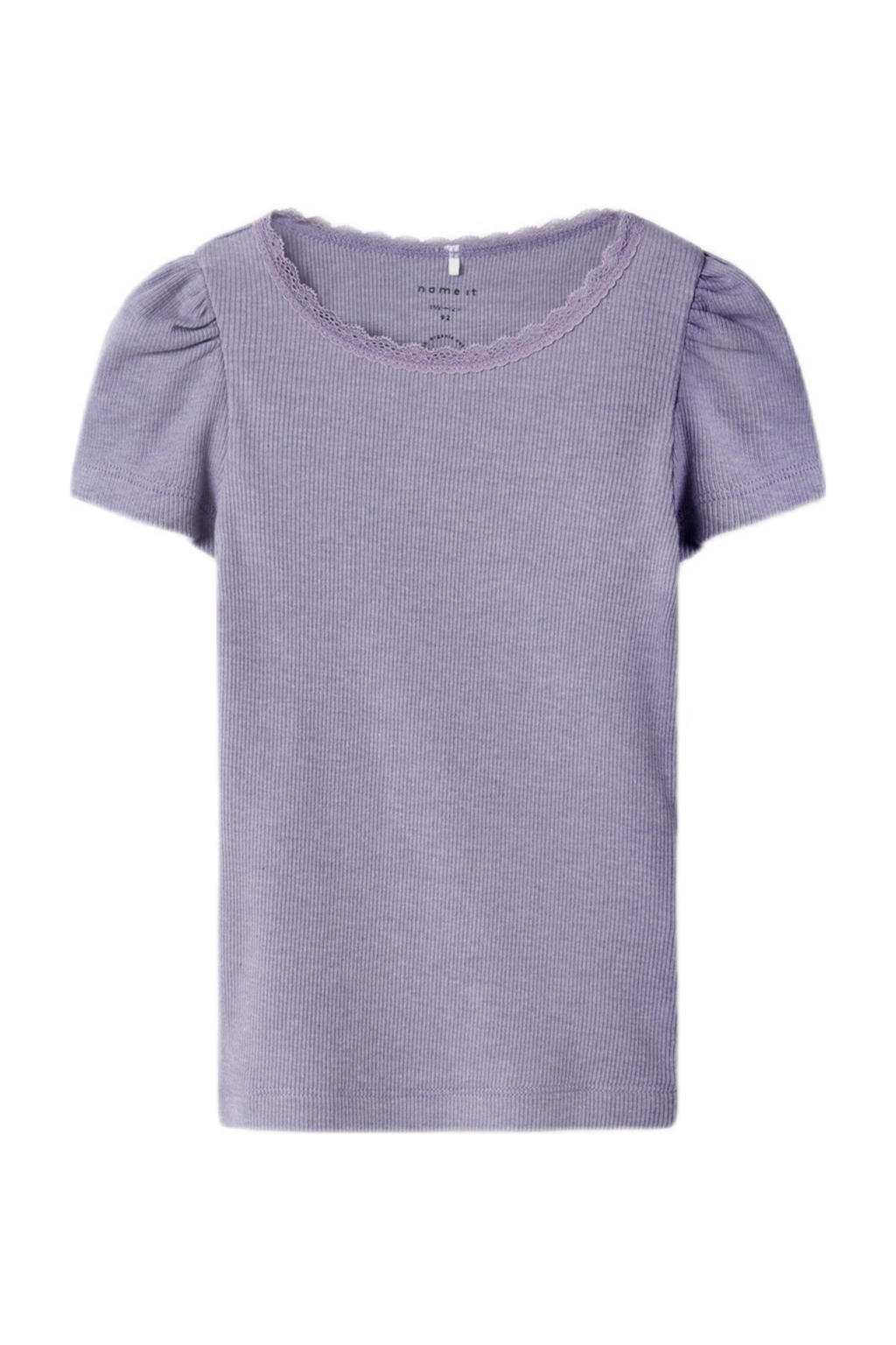 Lilakleurige meisjes NAME IT MINI ribgebreid T-shirt van stretchkatoen met effen, korte mouwen, ronde hals en kant
