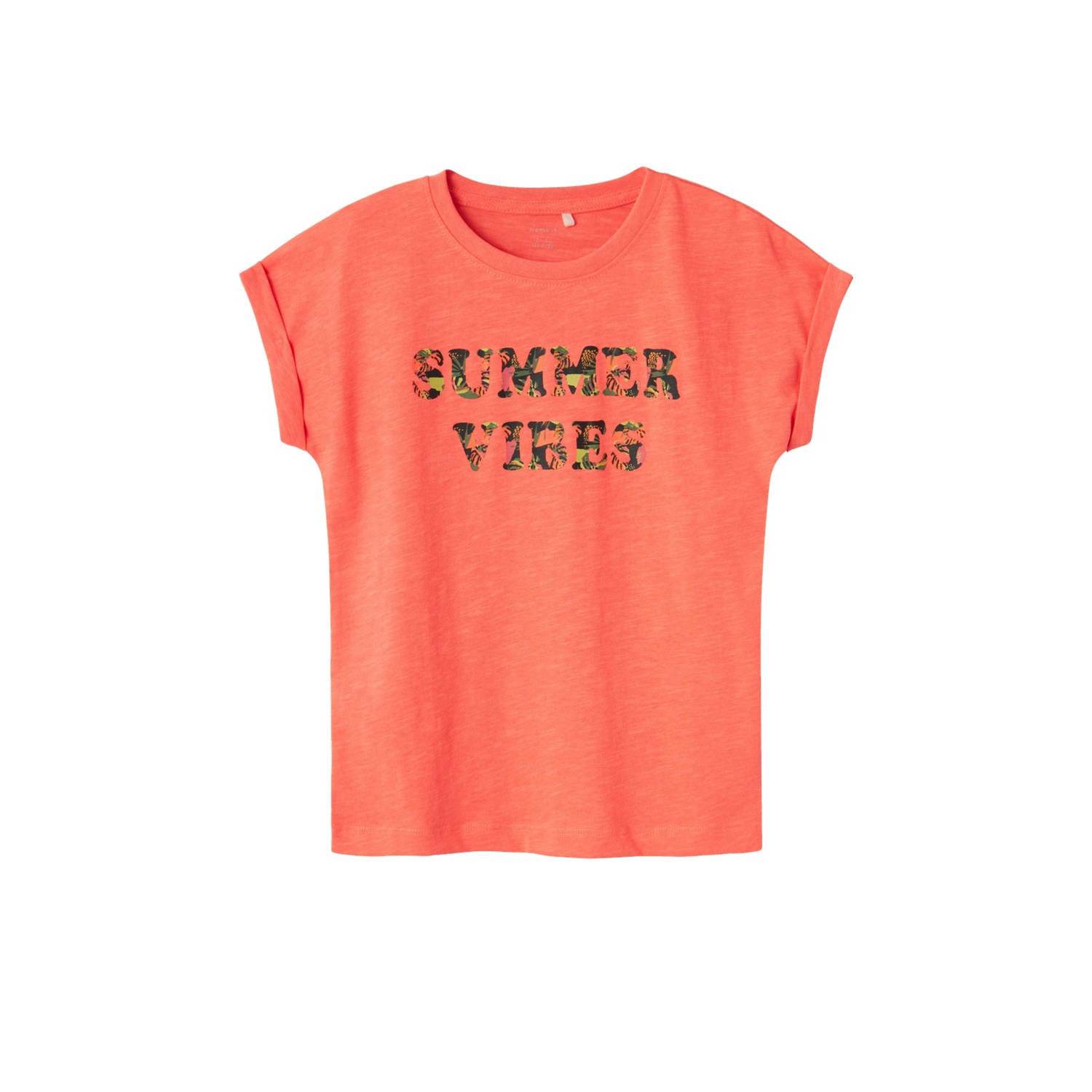 Name it KIDS T-shirt NKFFAMMA met tekst koraal Oranje Meisjes Katoen Ronde hals 146 152