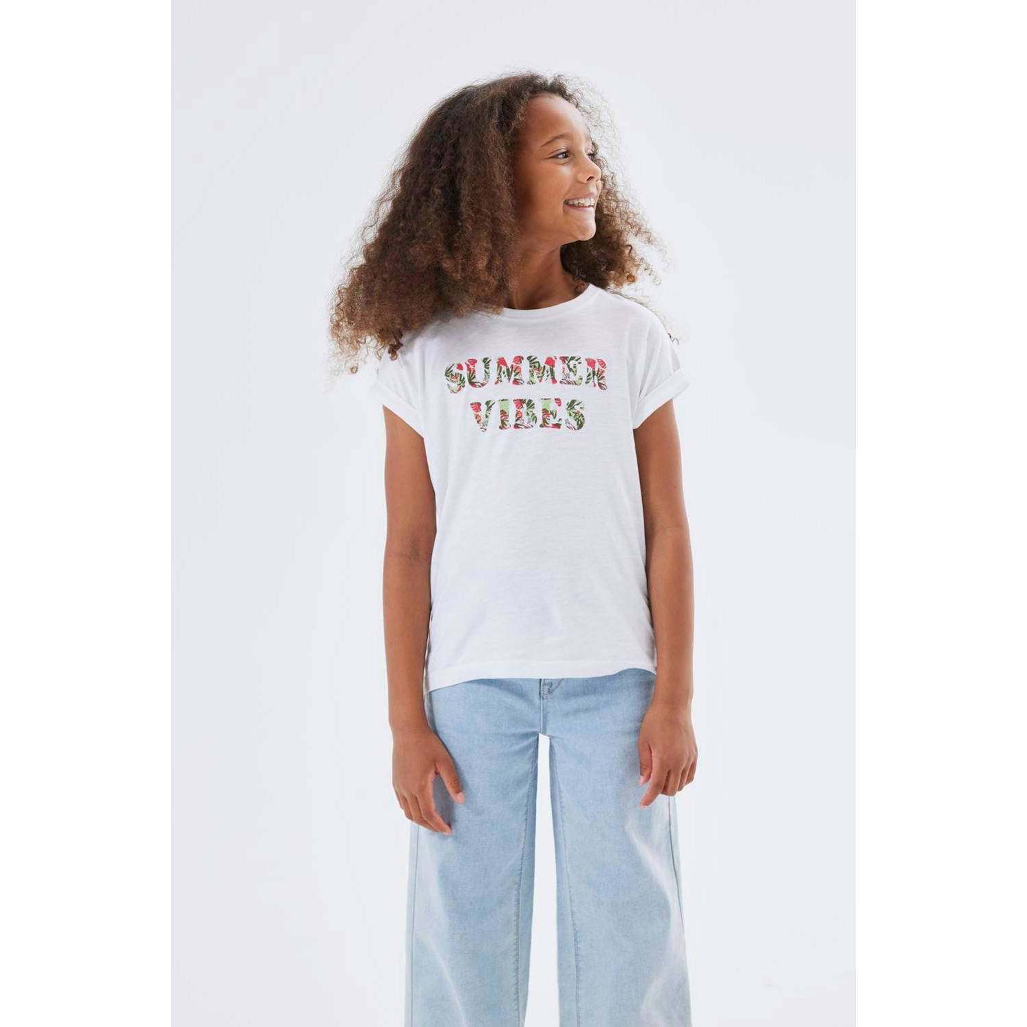 Name it KIDS T-shirt NKFFAMMA met tekst wit jungle Meisjes Katoen Ronde hals 134 140