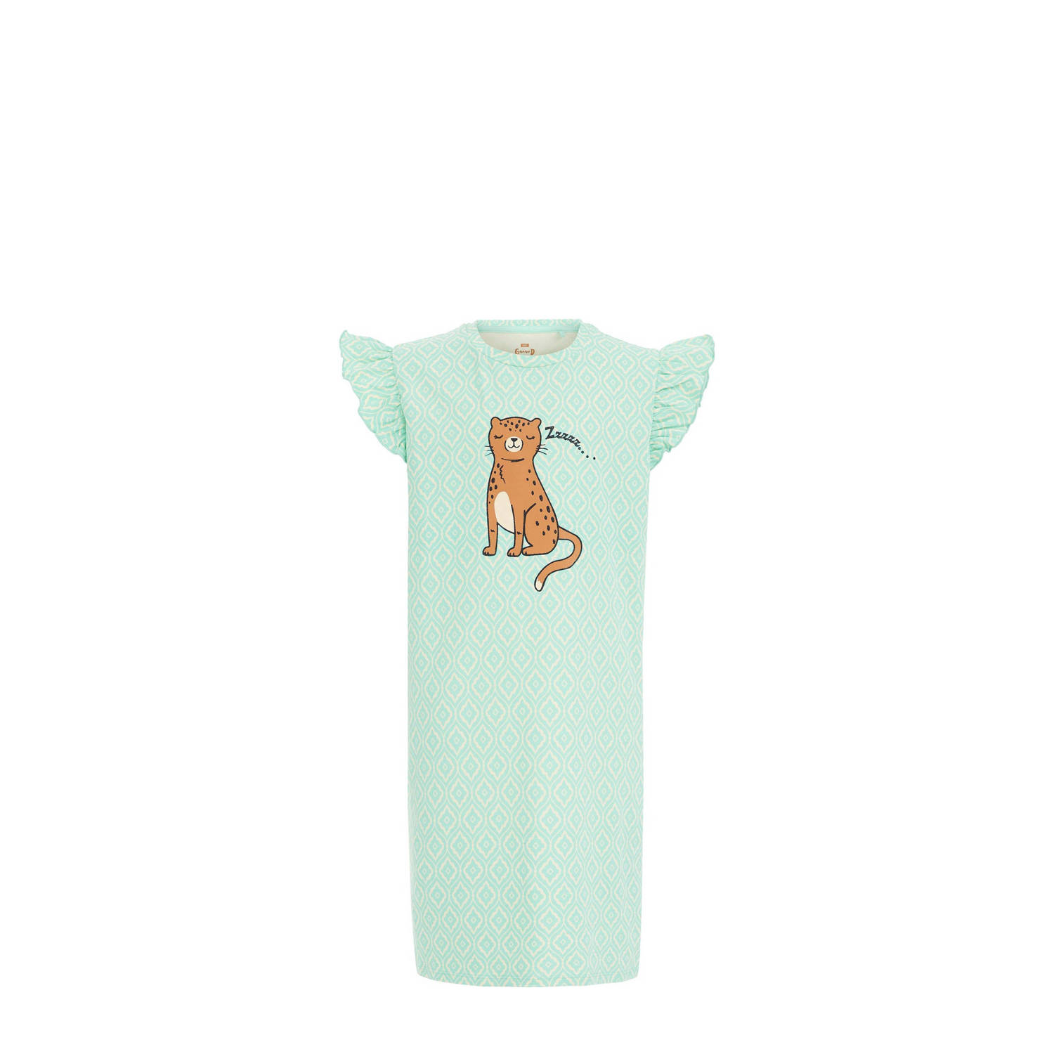 WE Fashion pyjama met all over print en ruches lichtblauw wit Nachthemd Groen Meisjes Stretchkatoen Ronde hals 110 116