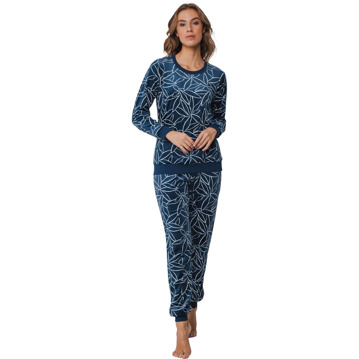 Pastunette Deluxe fleece pyjama donkerblauw wit