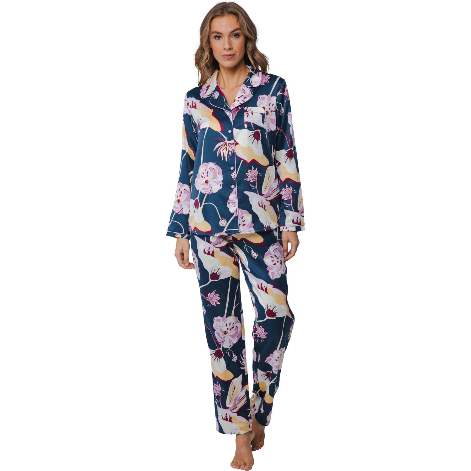 Pastunette Deluxe satijnen pyjama donkerblauw roze