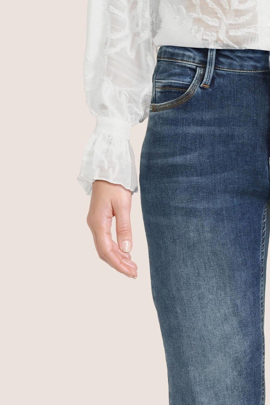 Dark blue denim dames Geisha flared jeans dark blue van stretchdenim met rits- en knoopsluiting en effen