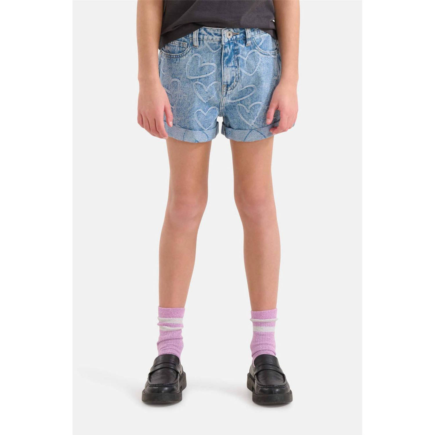 Shoeby high waist regular fit denim short met hartjes medium blue denim Blauw 110 116