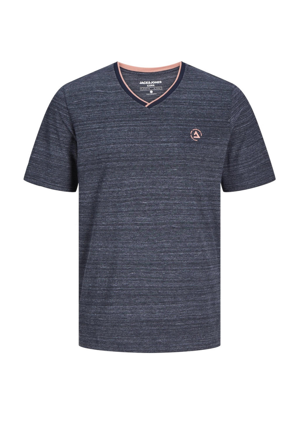 Blauwe heren JACK & JONES CORE regular fit T-shirt van katoen met logo dessin, korte mouwen en V-hals