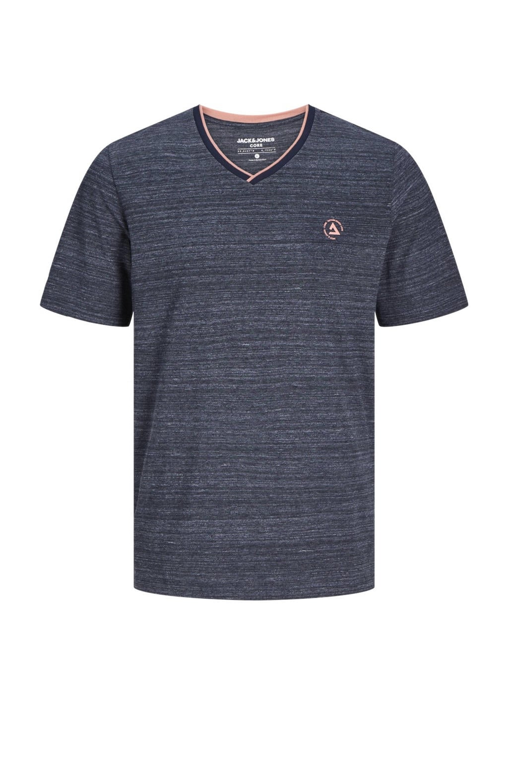 Blauwe heren JACK & JONES CORE regular fit T-shirt van katoen met logo dessin, korte mouwen en V-hals