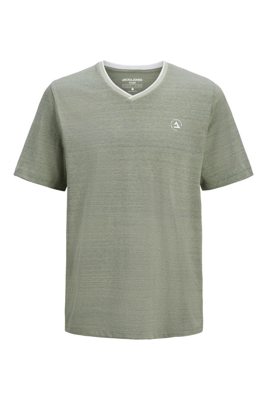 Groene heren JACK & JONES CORE regular fit T-shirt van katoen met logo dessin, korte mouwen en V-hals