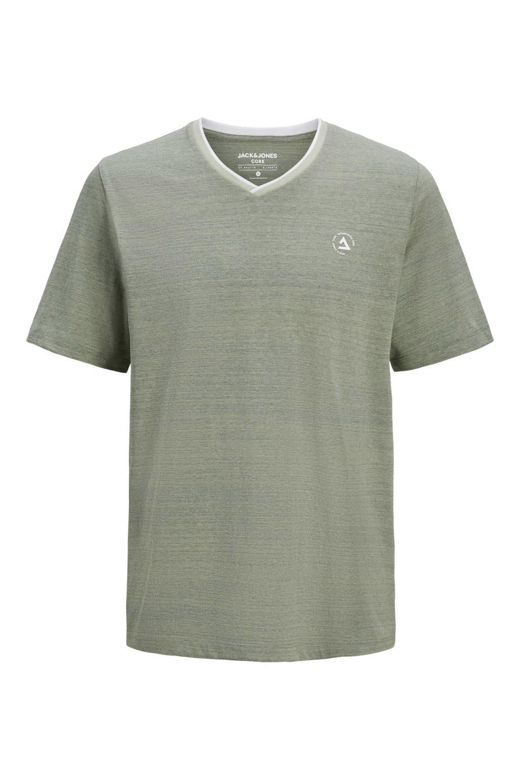 Groene heren JACK & JONES CORE regular fit T-shirt van katoen met logo dessin, korte mouwen en V-hals