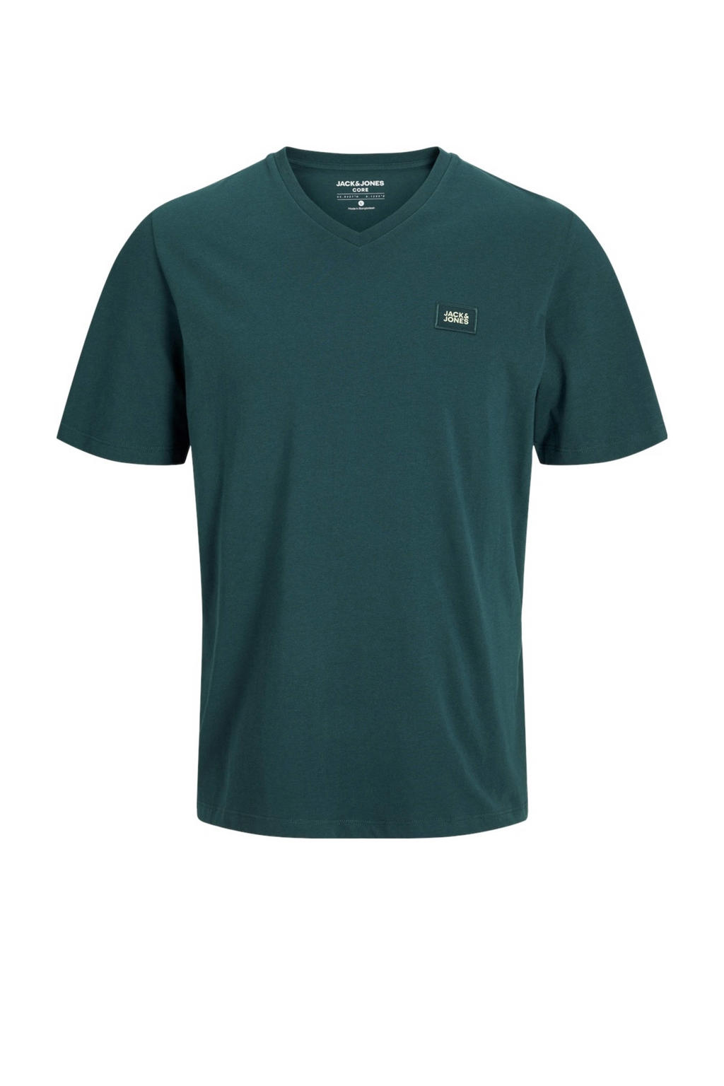 Petrolkleurige heren JACK & JONES CORE T-shirt van katoen met effen, korte mouwen en V-hals