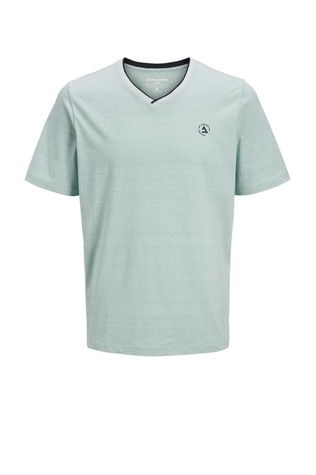 Lichtblauwe heren JACK & JONES CORE regular fit T-shirt van katoen met logo dessin, korte mouwen en V-hals