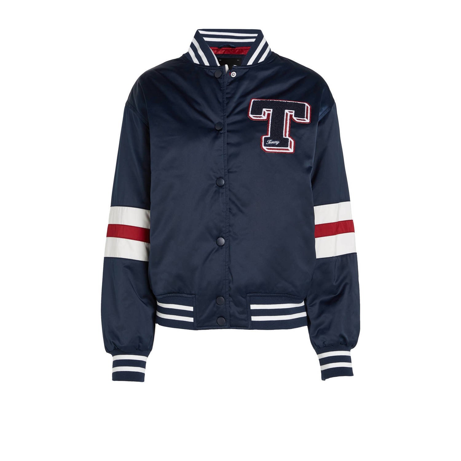 Tommy Jeans jack met all over print en borduursels donkerblauw rood wit