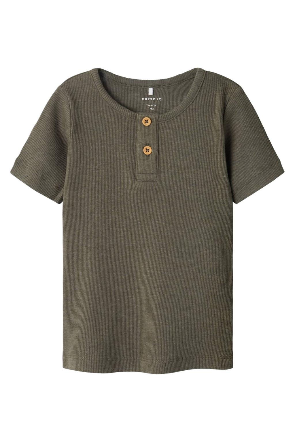 Groene jongens NAME IT MINI ribgebreid T-shirt van katoen met effen, korte mouwen en ronde hals