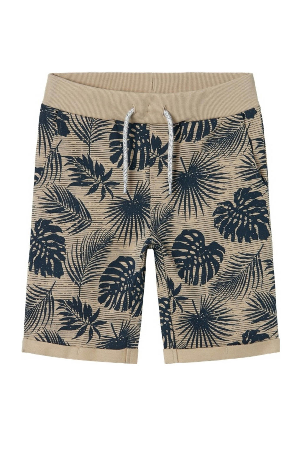 Beige en blauwe jongens NAME IT KIDS sweatshort van katoen met regular waist, elastische tailleband met koord en bladprint