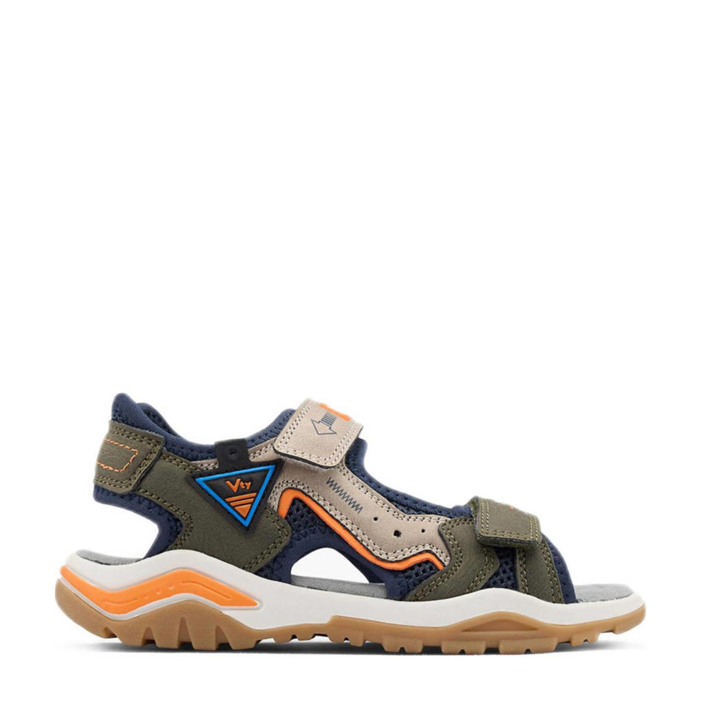 Antraciet en lichtbruine jongens Vty sandalen khaki van imitatie leer/textiel/rubber met klittenband
