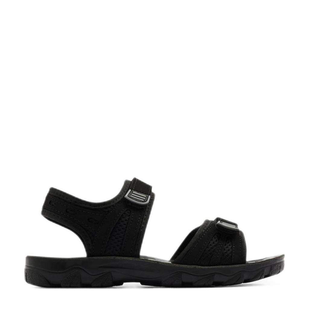 Zwarte jongens Vty sandalen van imitatie leer/rubber/textiel met klittenband en effen