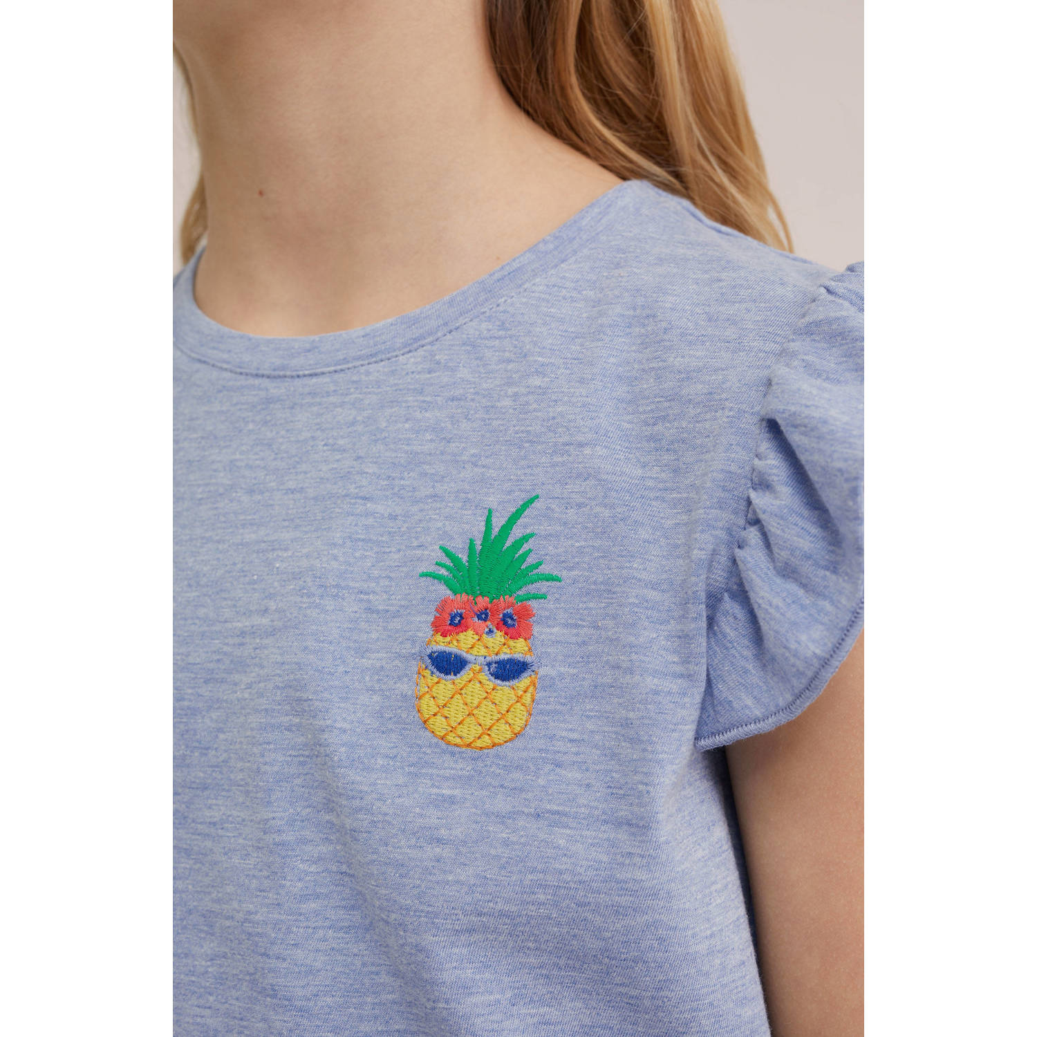 WE Fashion T-shirt met printopdruk en ruches lichtblauw