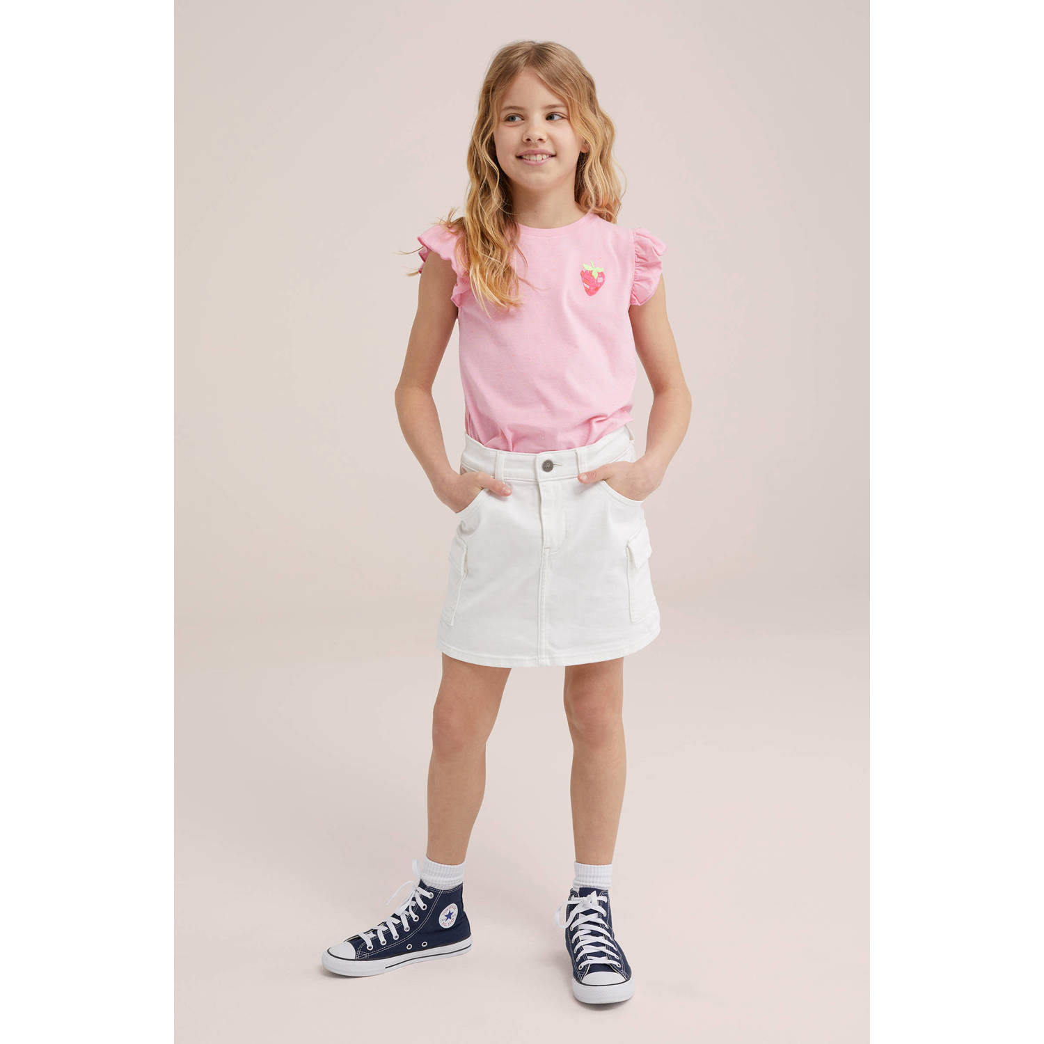 WE Fashion T-shirt met printopdruk en ruches roze