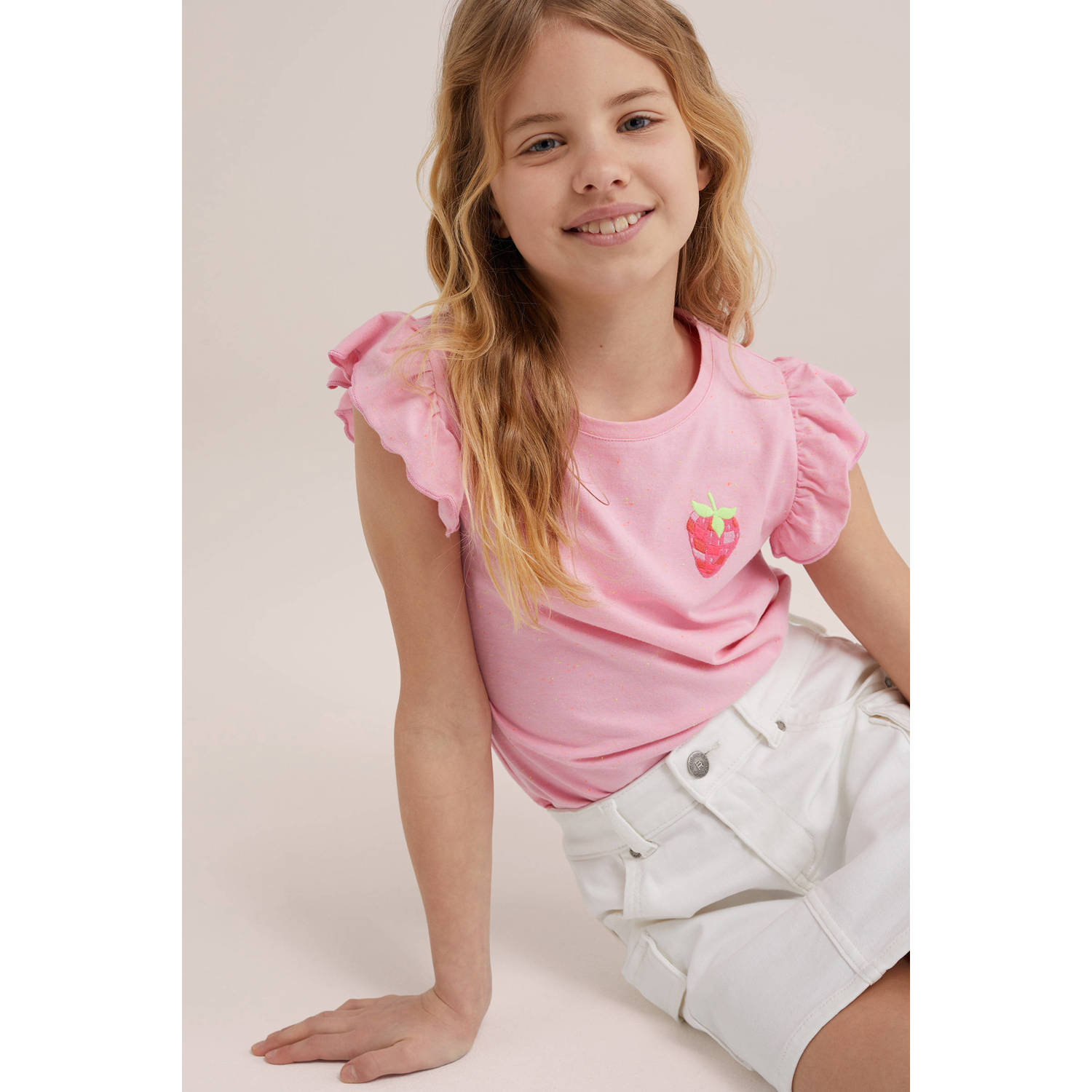 WE Fashion T-shirt met printopdruk en ruches roze