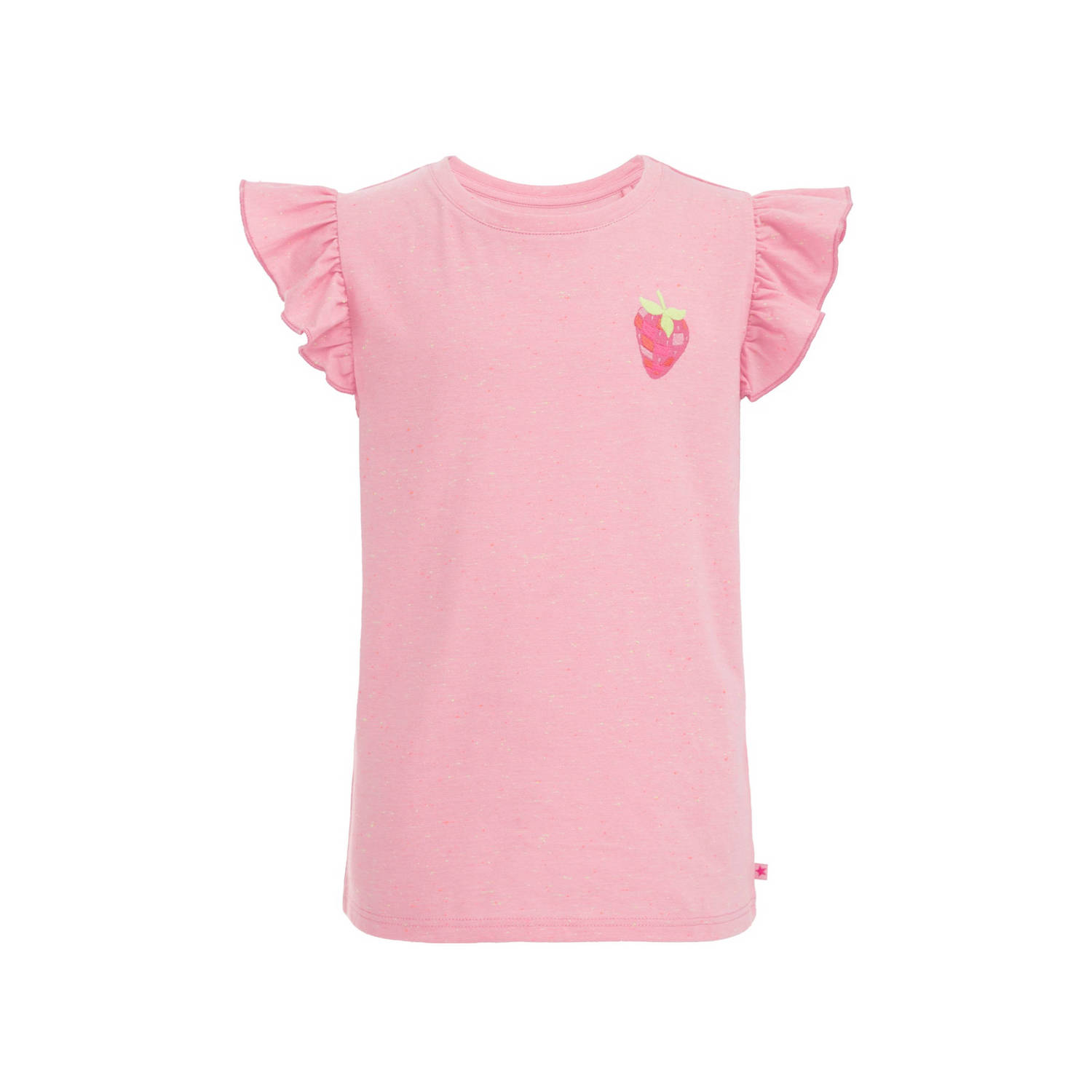 WE Fashion T-shirt met printopdruk en ruches roze Meisjes Katoen Ronde hals 110 116
