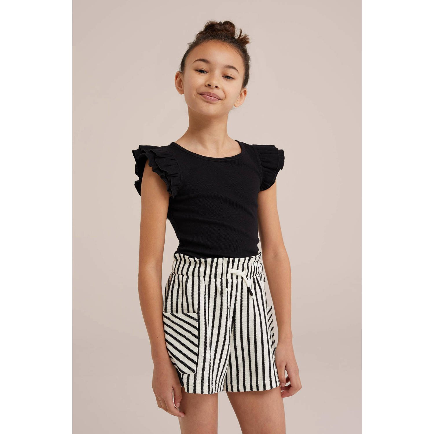 WE Fashion T-shirt zwart Meisjes Stretchkatoen Ronde hals Effen 146 152