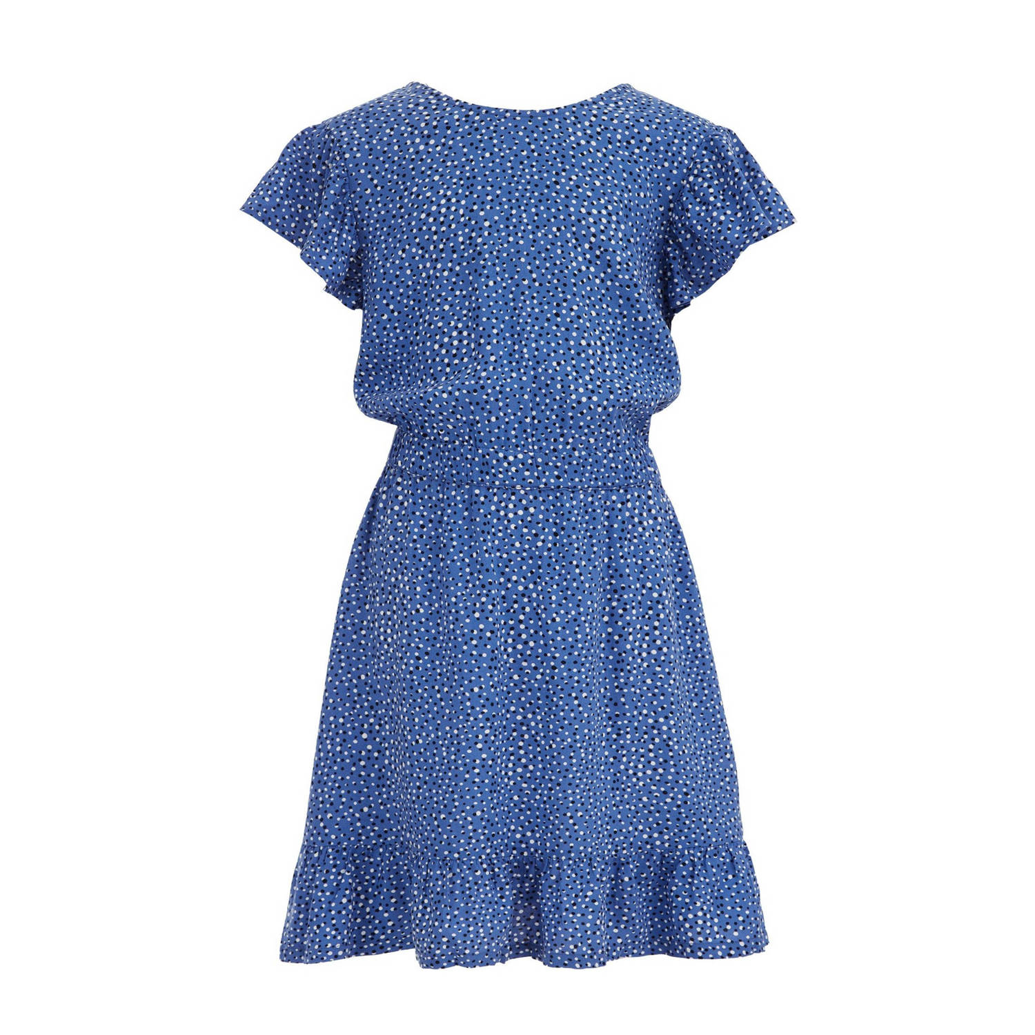 WE Fashion jurk met all over print en ruches blauw Meisjes Viscose Ronde hals 110 116