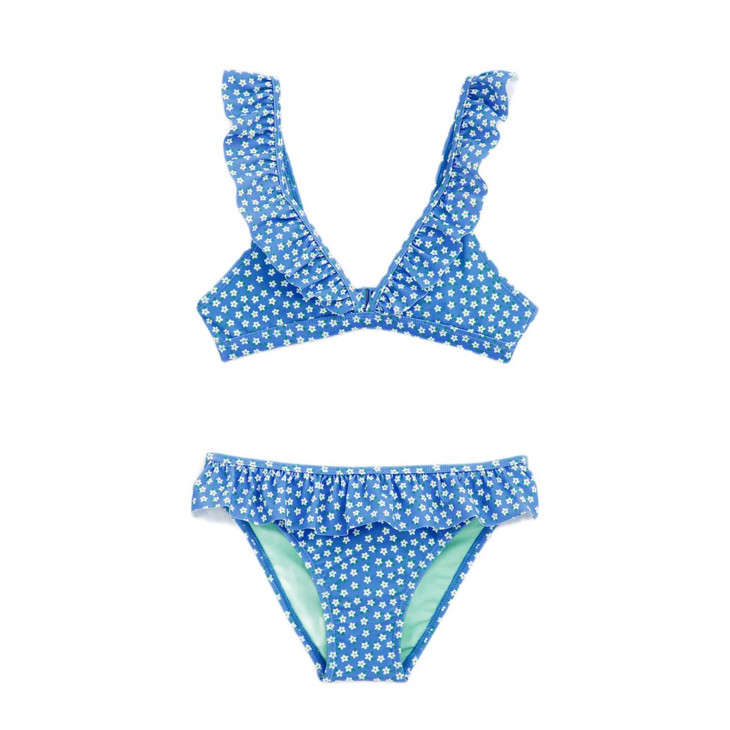 WE Fashion triangel bikini met ruches blauw wit Meisjes Polyamide Bloemen 110 116