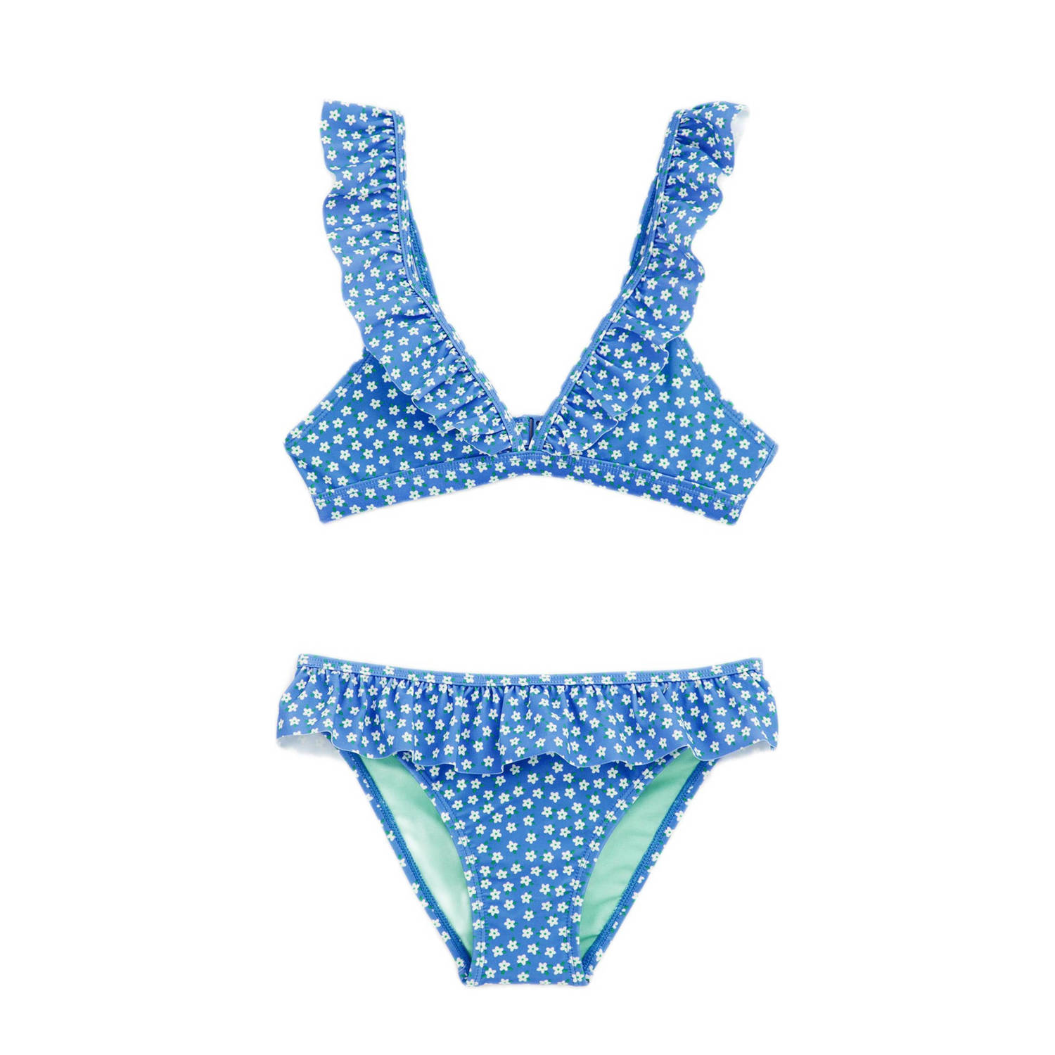 WE Fashion triangel bikini met ruches blauw wit