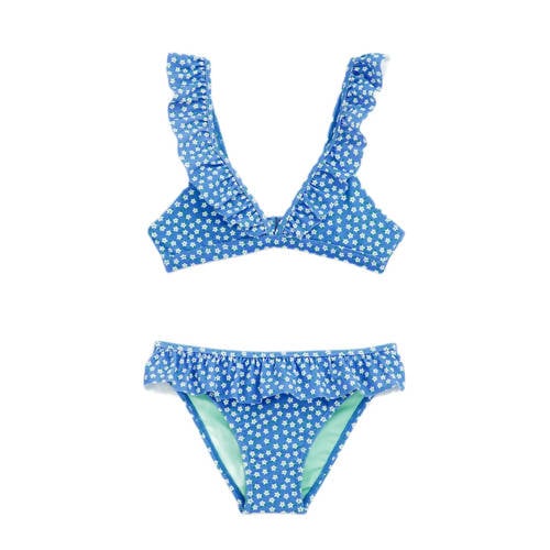 WE Fashion triangel bikini met ruches blauw/wit
