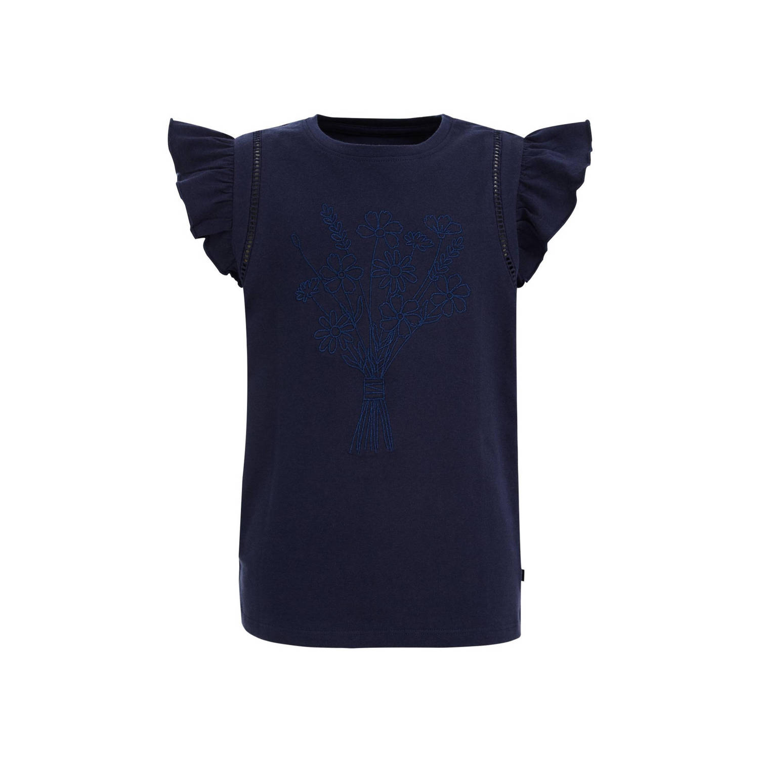 WE Fashion T-shirt donkerblauw Meisjes Stretchkatoen Ronde hals Effen 122 128