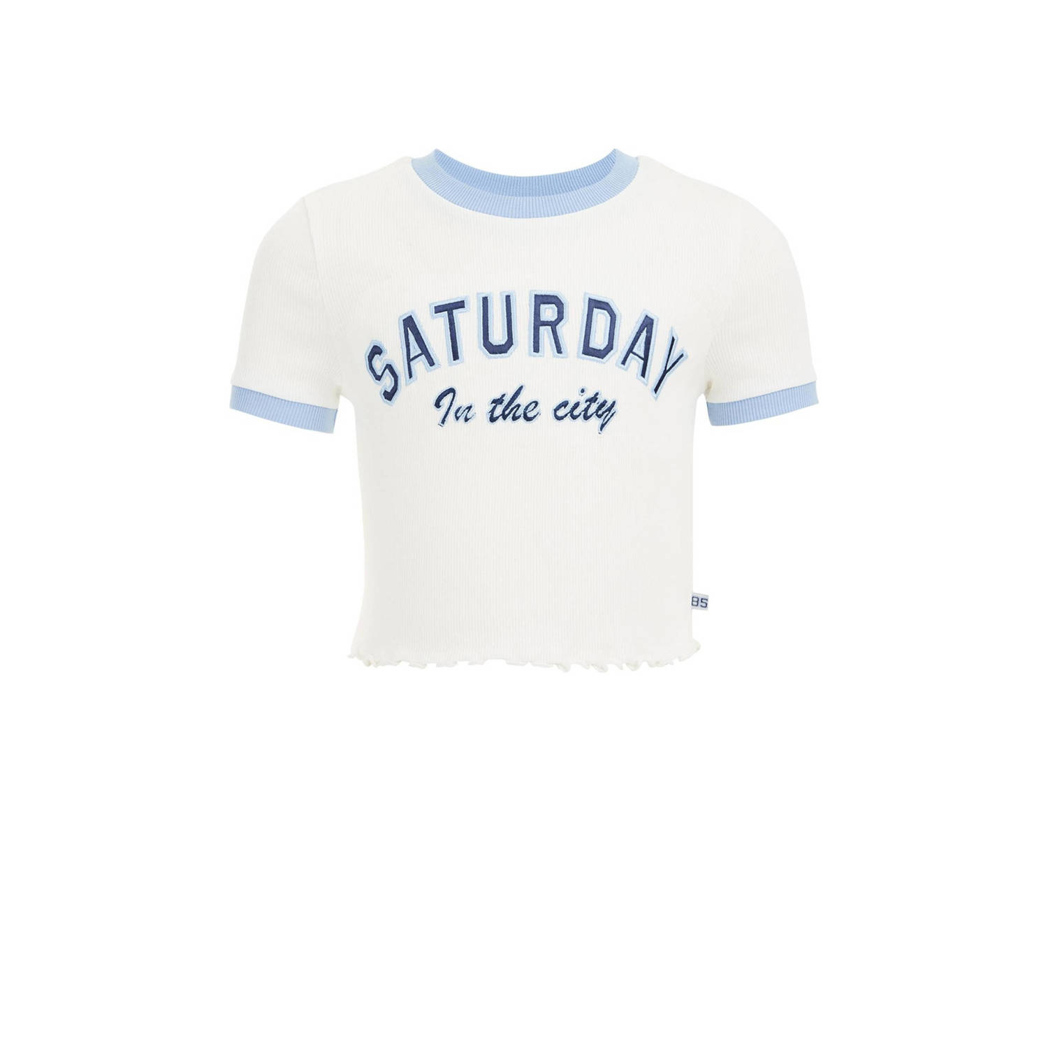 WE Fashion T-shirt met tekst wit blauw Meisjes Stretchkatoen Ronde hals 134 140