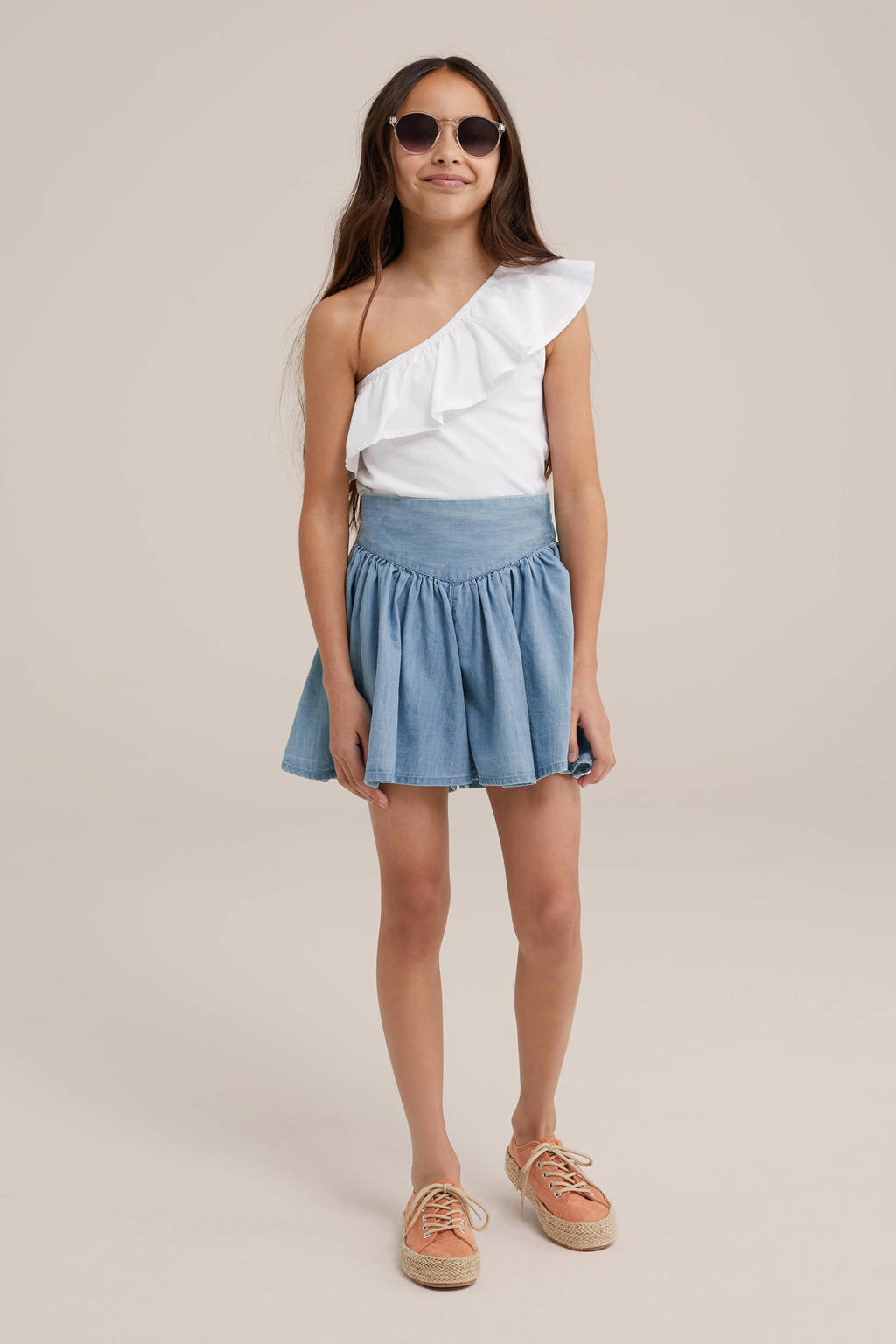 Witte meisjes WE Fashion one shoulder top van stretchkatoen met effen en ruches