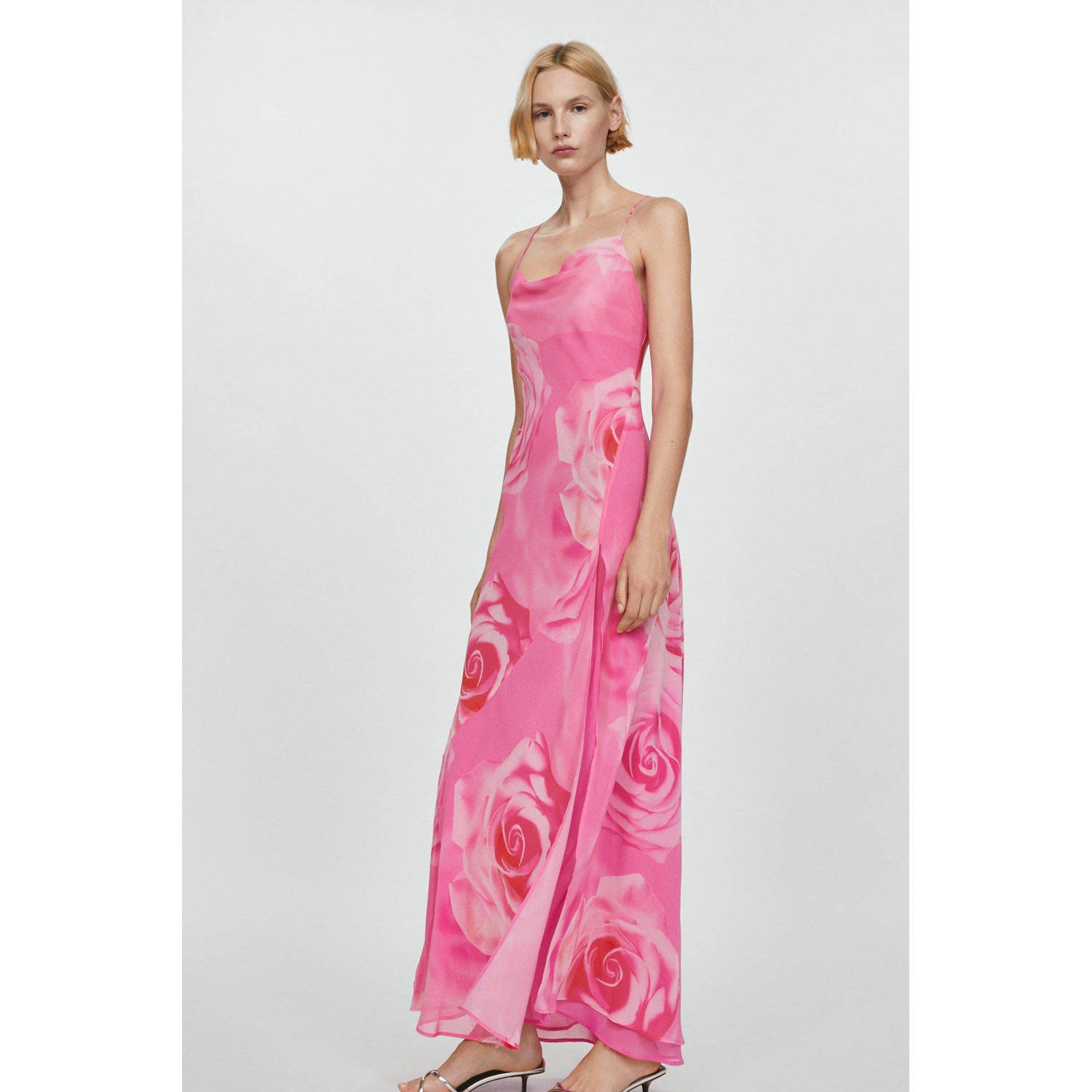 Mango gebloemde maxi jurk met open rug roze