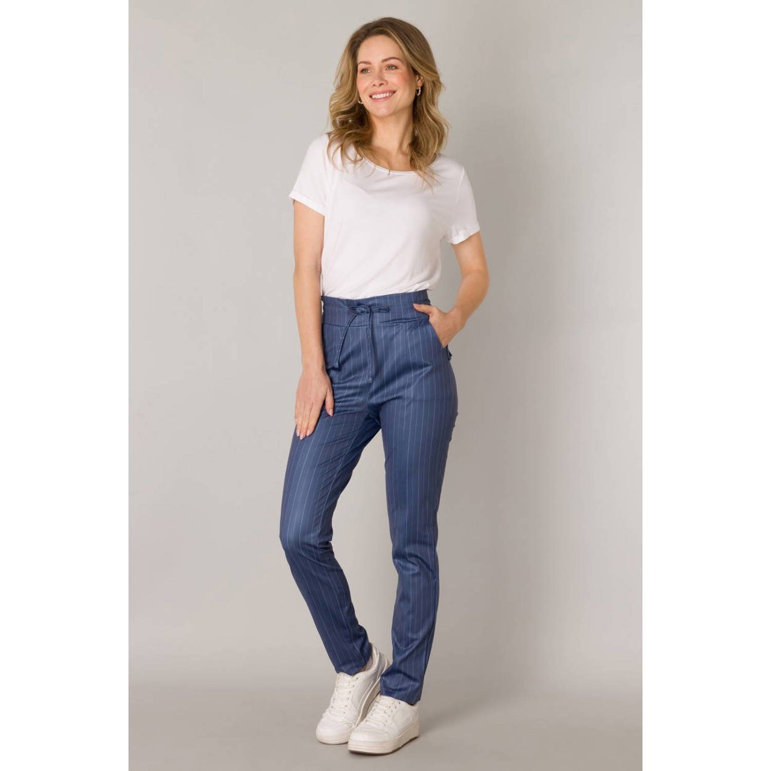 ES&SY gestreepte high waist regular fit broek Louise van travelstof blauw ecru