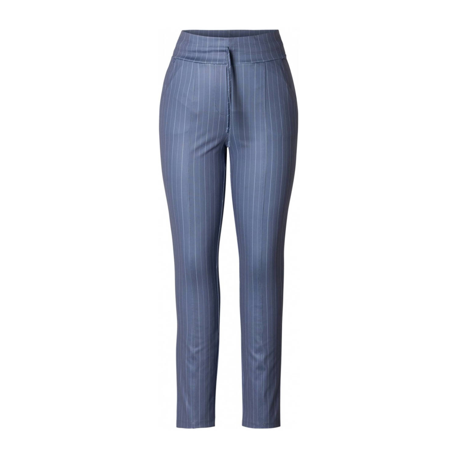 ES&SY gestreepte high waist regular fit broek Louise van travelstof blauw ecru
