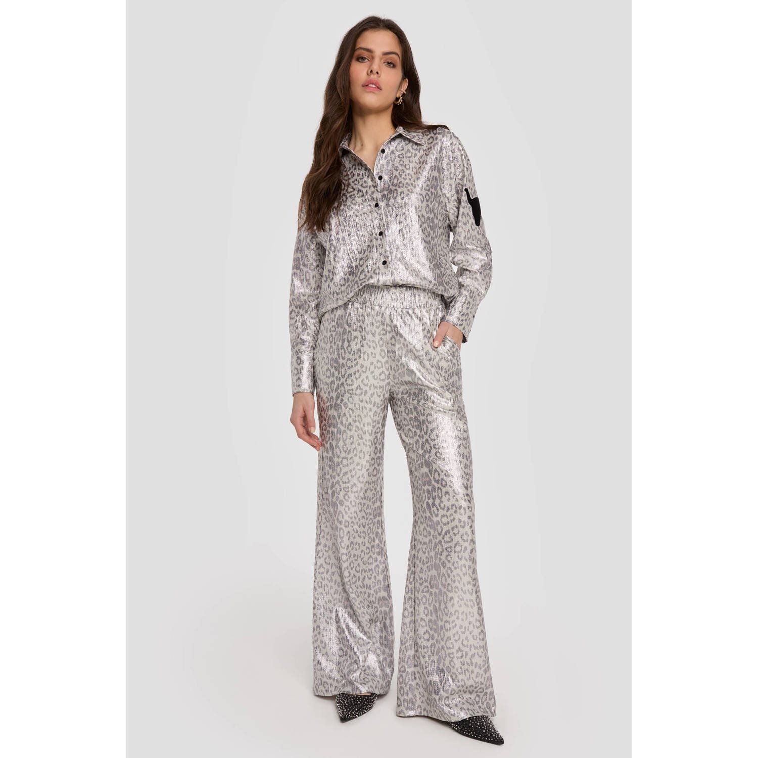 Alix the Label straight fit pantalon met panterprint zilver